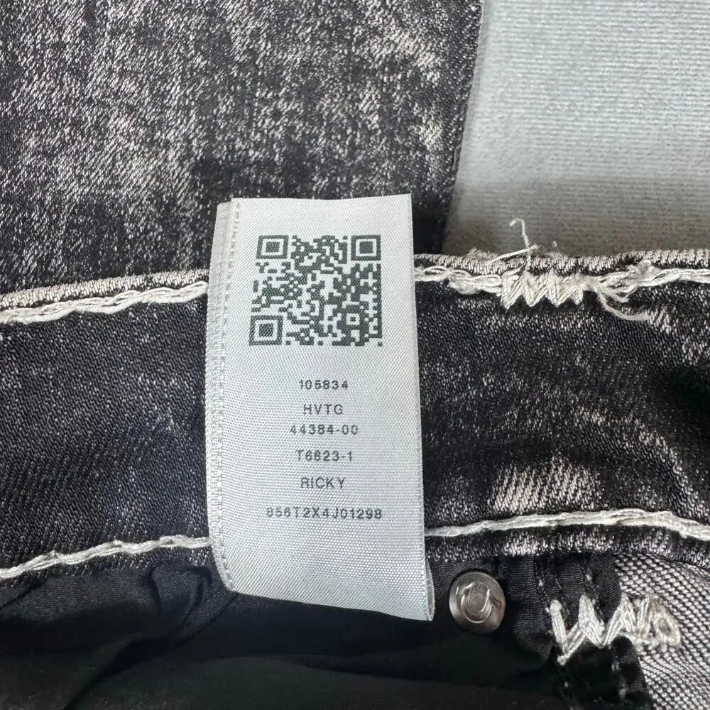 True Religion Ricky Relaxed Straight Acid Wash Black Jeans 33 Stitch